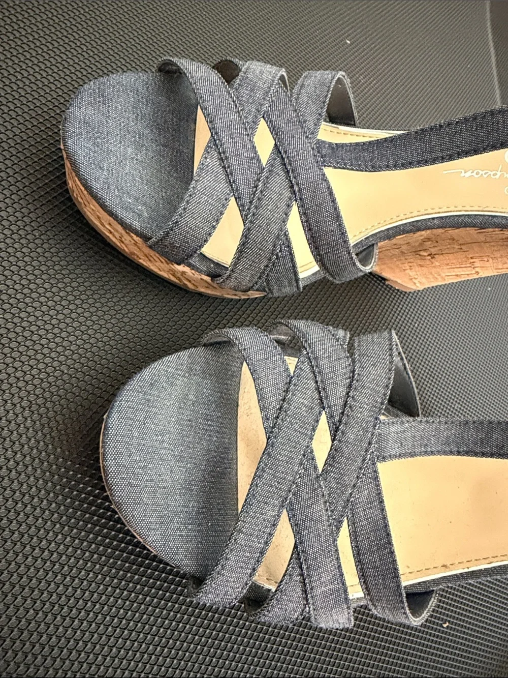 Women’s Jessica Simpson Navy denim T-Strap cork Wedge baddie size 8.5 Sandals